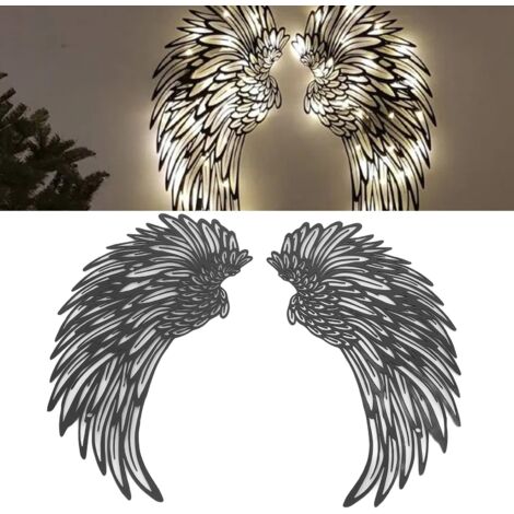 Ángel de metal para decoración de pared con iluminación de doble cara, color negro, escultura colgante de metal pulido (30x14cm, 220g, juego completo)
