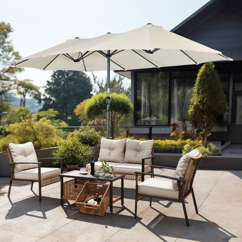 

Sombrilla Parasol Doble para Jardín, Parasol de Tela de Poliéster, Sombrilla Gigante para Playa Terrasa Patio, Protección al Solar UV, 4.6x2.7x2.4 m