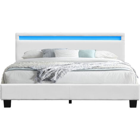 angel - Solide et Confortable Lit 140x200 avec Sommier + Tête de Lit avec Eclairage LED Couleur BLANC + Pieds en 10 cm pour matelas en - 2 x 13 Lattes - revetement PVC Simili facile d'entretien - Mont