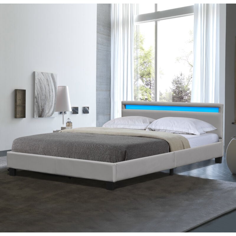Nuits D'or - angel - Solide et Confortable Lit 140x200 avec Sommier + Tête de Lit avec Eclairage led Couleur gris + Pieds en 10 cm pour matelas en