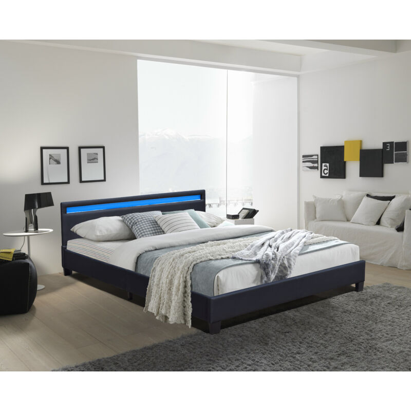 Literie Julien - angel - Solide et Confortable Lit 140x200 avec Sommier + Tête de Lit avec Eclairage led Couleur noir + Pieds en 10 cm pour matelas