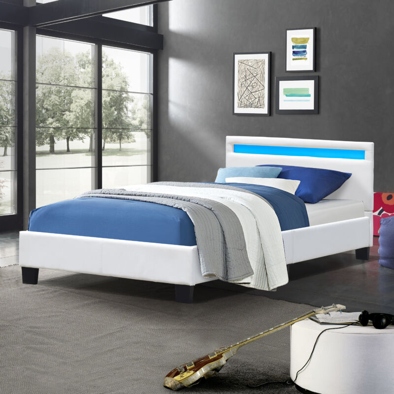 Literie Julien - angel - Solide et Confortable Lit 90x190 avec Sommier + Tête de Lit avec Eclairage led Couleur blanc + Pieds en 10 cm pour matelas