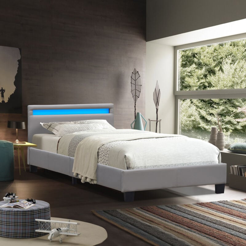 King Of Dreams - angel - Solide et Confortable Lit 90x190 avec Sommier + Tête de Lit avec Eclairage led Couleur gris + Pieds en 10 cm pour matelas en