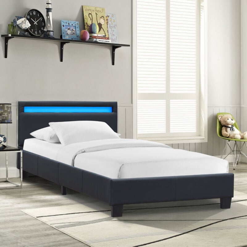 Nuits D'or - angel - Solide et Confortable Lit 90x200 avec Sommier + Tête de Lit avec Eclairage led Couleur noir + Pieds en 10 cm pour matelas en