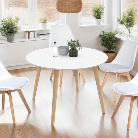 ANGELA mesa de comedor redonda 4-6 personas patas de madera blanca 110 cm