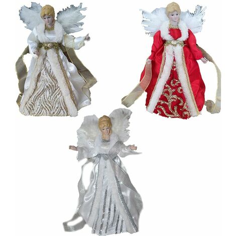 Angelo custode con pelliccia oro bianco rosso per puntale Albero di Natale H 27 Decorazioni natalizie addobbi in tessuto - colorigenerali: rosso/bianco