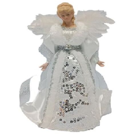 Angelo Decorativo in Tessuto Bianco e Argento puntale per albero di natale h 29   vestito Elegante Pelliccia e Ricami Argentati