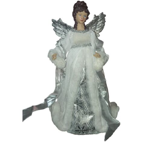 Angelo Decorativo in Tessuto Bianco e Argento puntale per albero di natale h 40  vestito Elegante Pelliccia e Ricami Argentati