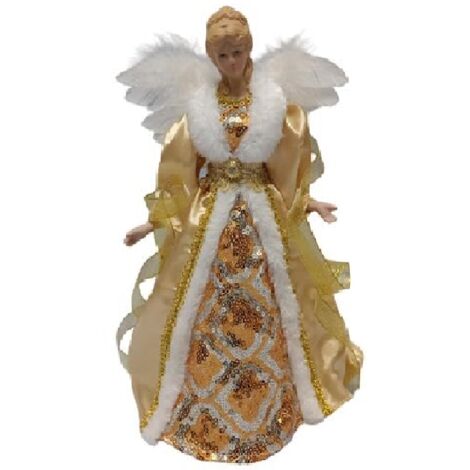 Angelo Decorativo in Tessuto Bianco e oro  puntale per albero di natale h 29   vestito Elegante Pelliccia e Ricami Argentati