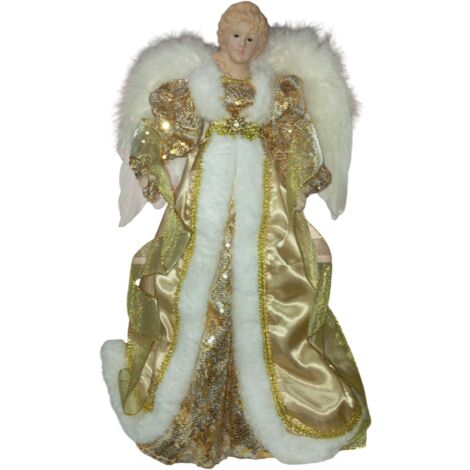 Angelo Decorativo in Tessuto Bianco e oro  puntale per albero di natale h 40  vestito Elegante Pelliccia e Ricami Argentati
