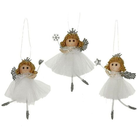 Angelo fatina bianco argento pelliccia addobbi decorazioni per albero di natale 6pz con trecce vestito organza h 13 cm