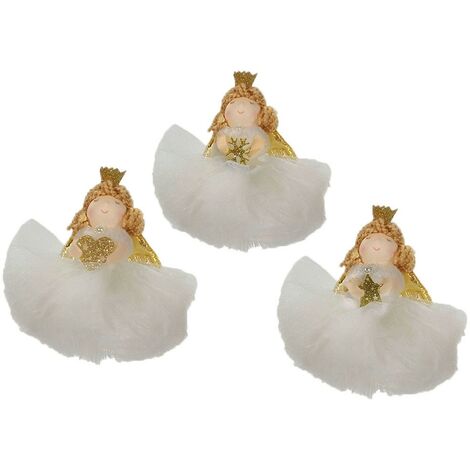 Angelo fatina bianco oro pelliccia addobbi decorazioni per albero di natale 6pz con trecce vestito organza h 13 cm