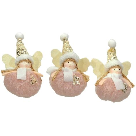 Angelo fatina rosa oro pelliccia pallina addobbi decorazioni per albero di natale 6pz con trecce cappello h 12 cm