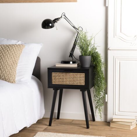ANGELO - Table de chevet bois noir 1 tiroir cannage