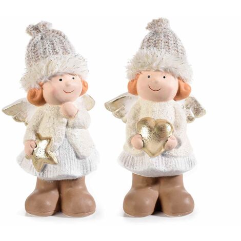 Angioletti Natalizi da Tavolo in Ceramica con Cappello a Maglia - Set da 2