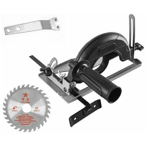 Angle grinder with cutter holder Adjustable cutting depth from 0 to 40 mm Support for bevel cut at 45° Extra wide shield for angle grinder 100-125 , guide + 1 wood saw blade - guide + 1 blade wood saw