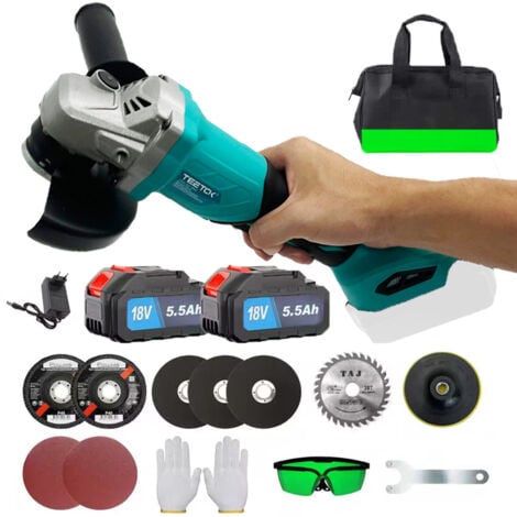 TEETOK Angle grinders,Cordless Angle Grinder Ø 125mm , Brushless Motor, Electric Grinder Sander Cutter Polisher Tool+ 2x 5.5A Battery & Charger & Discs accessories-Compatible with 18V Makita Battery