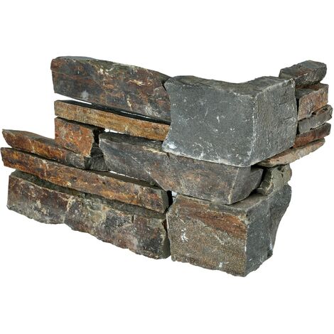 Angle pour parement en pierre naturelle schiste oxydé – Dimensions 22,5x20 cm et 15x20 cm – Épaisseur 2,5-3,5 cm – Multicolore