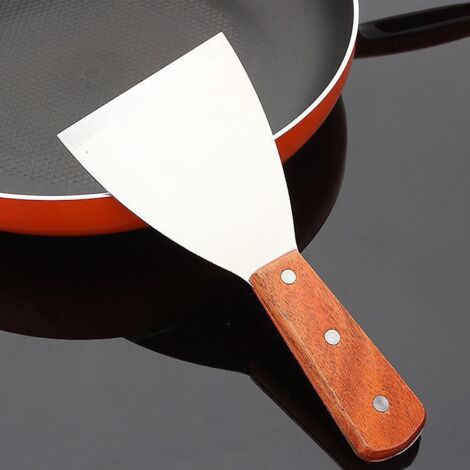 Angled edge scraper for grill with stainless steel blade, wooden handle for food service, cleaning supplies, BBQ kitchen restaurants