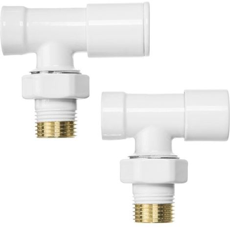 main image of "Angled white radiator valves set pack 1/2" bsp 15mm inlet + lockshield"
