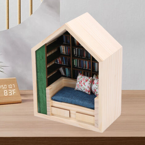 Angstbibliothek – Detailreiches, handgefertigtes Kiefernholzobjekt mit Miniaturbüchern und Kissen – Entspannende Wohndekoration