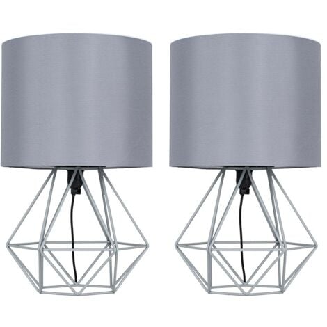 Angus Pair of Angus Grey Metal Basket Cage Style Table Lamps with Grey Fabric Shade