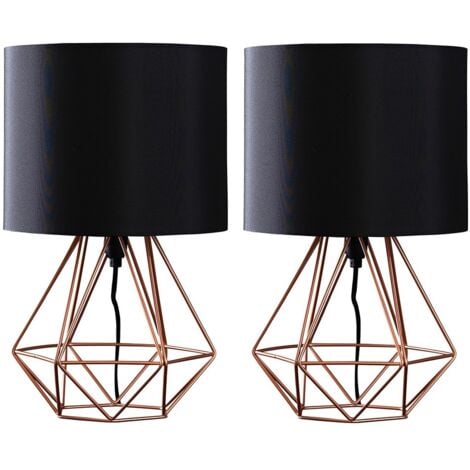 Angus Pair of Modern Copper Metal Basket Cage Table Lamps with Black Fabric Shades