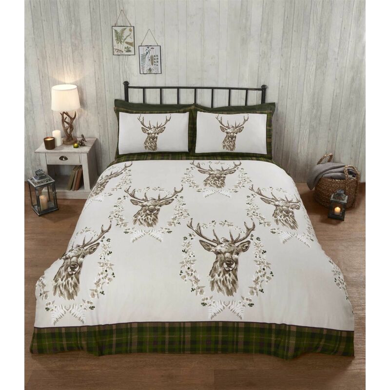 Rapport - Angus Stag Green Double Duvet Cover Set 100% Brushed Cotton Reversible Checked Duvet Set