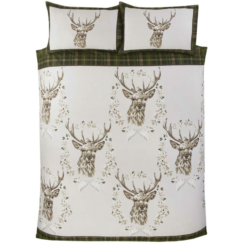 Rapport - Angus Stag Green Single Duvet Cover Set 100% Brushed Cotton Reversible Checked Duvet Set