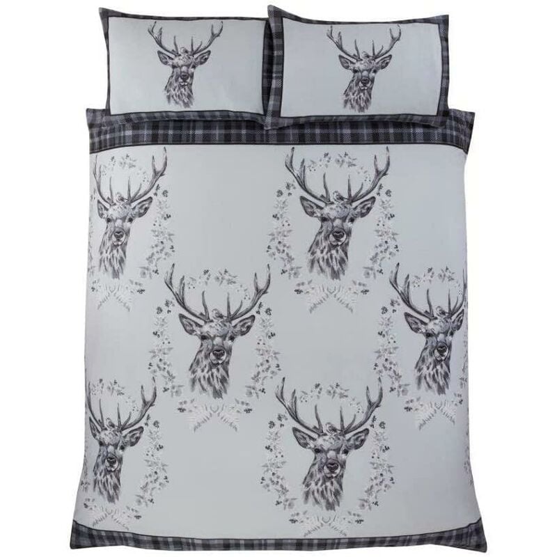 Angus Stag Grey Double Duvet Cover Set 100% Brushed Cotton Reversible Checked Duvet Set