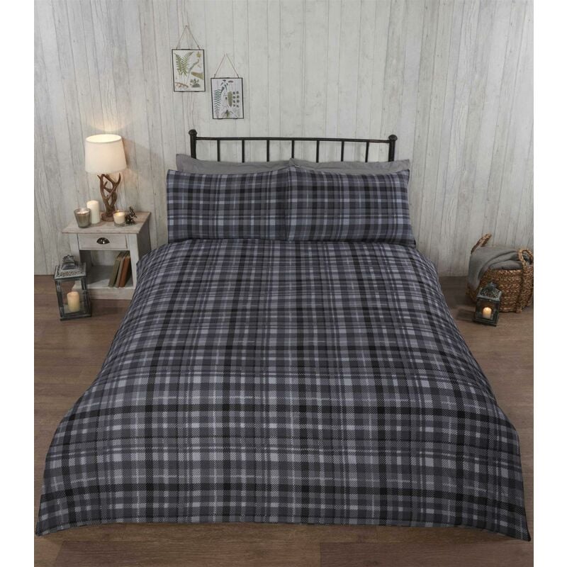 Rapport - Angus Stag Grey Single Duvet Cover Set 100% Brushed Cotton Reversible Checked Duvet Set