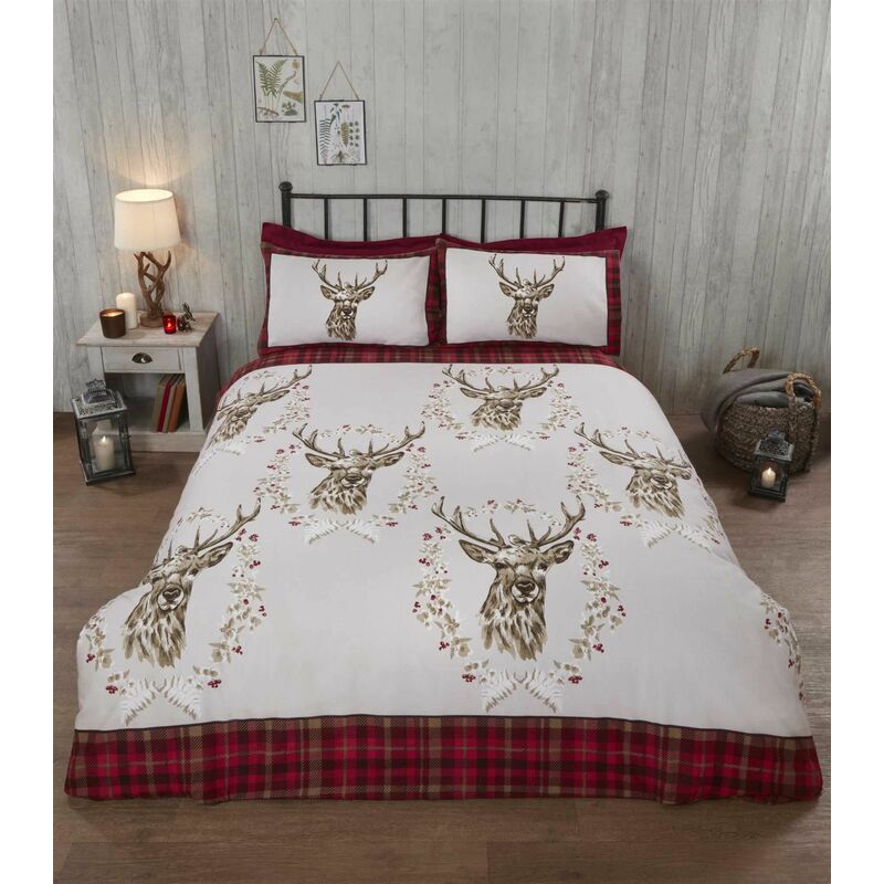 Rapport - Angus Stag Red Double Duvet Cover Set 100% Brushed Cotton Reversible Checked Duvet Set
