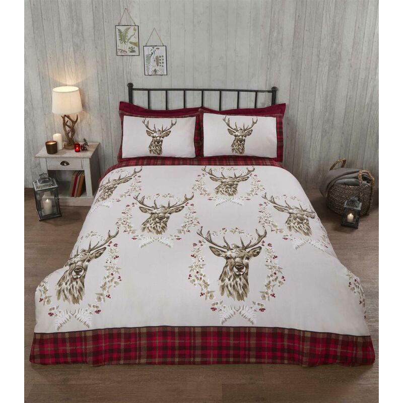 Rapport - Angus Stag Red Single Duvet Cover Set 100% Brushed Cotton Reversible Checked Duvet Set