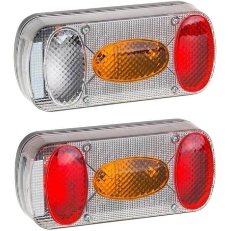 Anhänger-Rückleuchten – Set mit 2 Leuchten, rechts und links – 5 Funktionen: Rotlicht, Bremslicht, Blinker, Rückfahrlicht, Kennzeichenbeleuchtung – Abmessungen: 220 x 100 x 55 mm