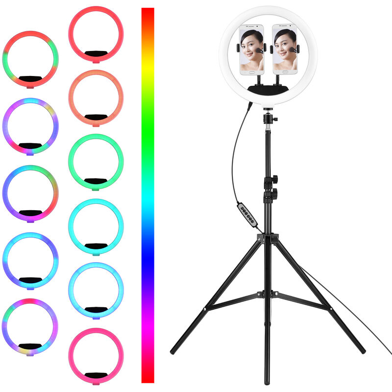 

Anillo de luz LED RGB de 12 pulgadas Lampara de circulo regulable Selfie Luz de relleno 10 niveles de brillo con 1 control remoto BT 2 soportes para