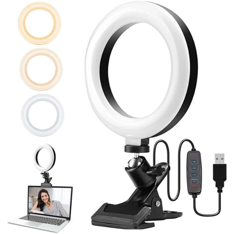 Anillo de luz para videoconferencias, 16 cm (6,3 pulgadas) con clip, portátil, con 3 colores y 10 niveles de brillo ajustables, para aprendizaje