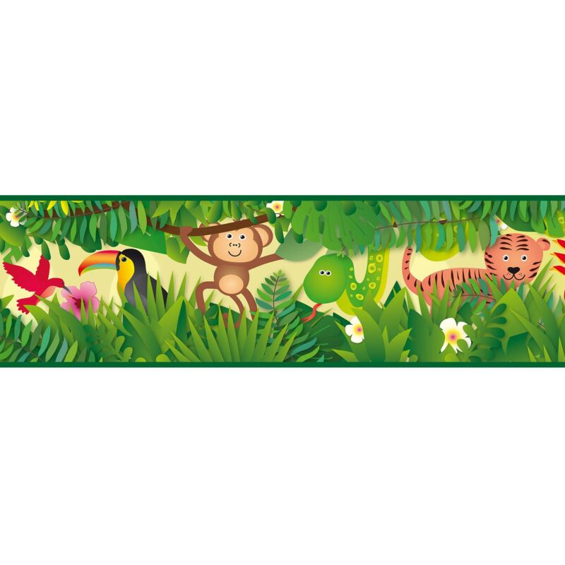Papier peint motif animal Profhome 403725 bordure auto-adhésive légèrement texturé au design de jungle mat vert brun jaune 0,75 m2