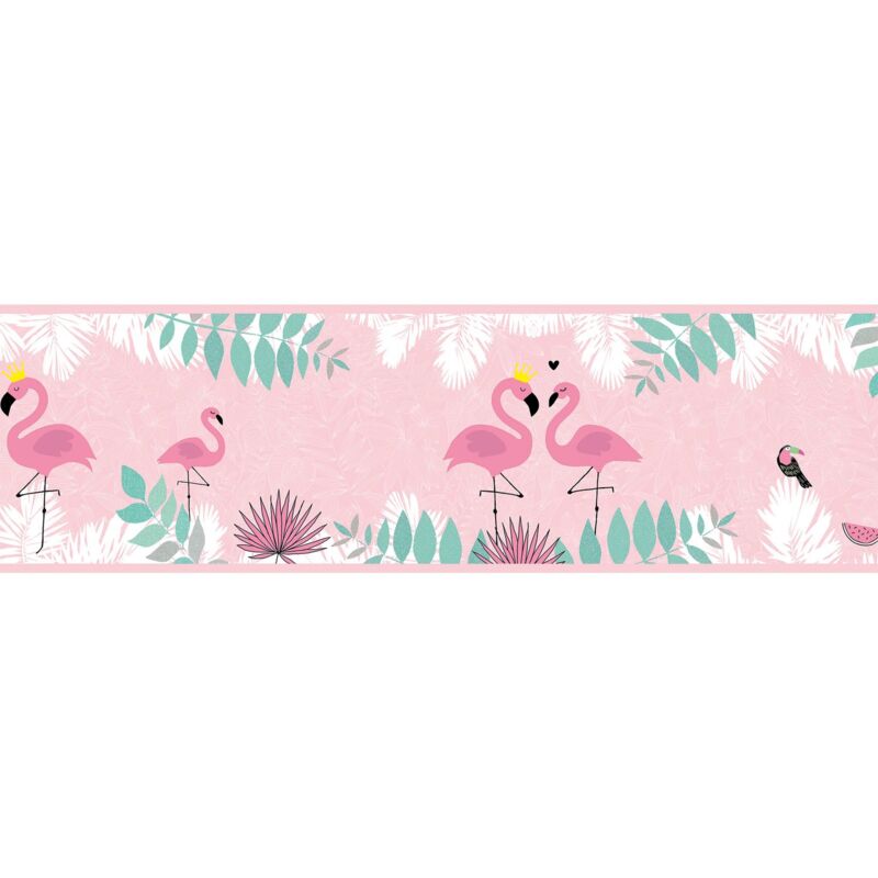 Profhome - Animal Pattern Wallpaper Wall 403758 Self-adhesive Border Slightly Textured With Animal Pattern Matt Pink Green White 0.75 M2 (8.07 Ft2)