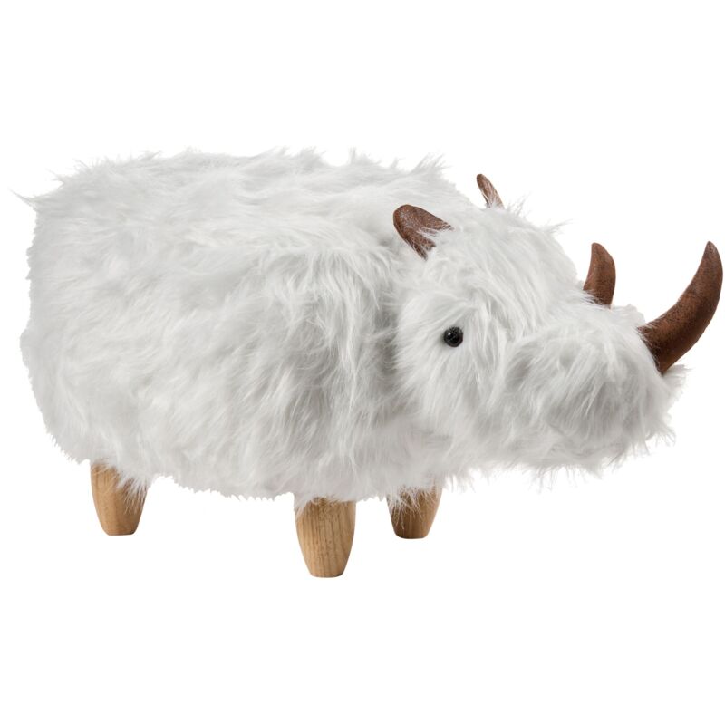 Beliani Animal Rhino Children Stool White Faux Fur Upholstered Wooden Legs Nursery Footstool Woolly