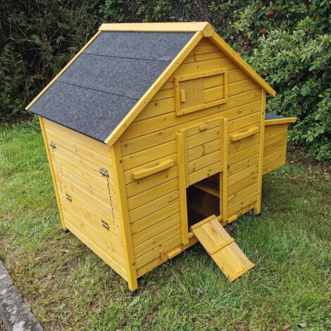 Animal Valley – Poulailler Bassette XL pour 6 à 8 poules – Bois traité 12mm – Toit shingle noir – 2 perchoirs et 1 pondoir avec 2 zones de nidification