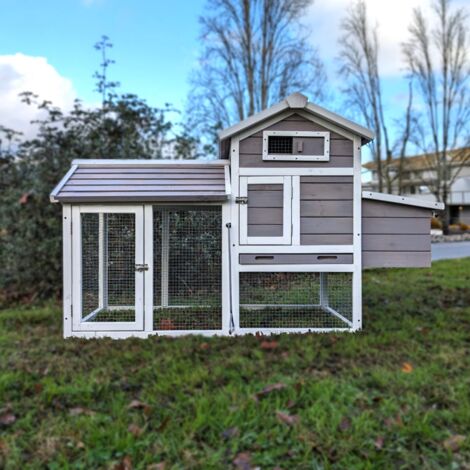 Animal Valley – Poulailler Faverolles S gris 2 à 4 poules – Toit ouvrant en bois 12mm – Parc grillagé en acier galvanisé – Dimensions 150x70x93cm