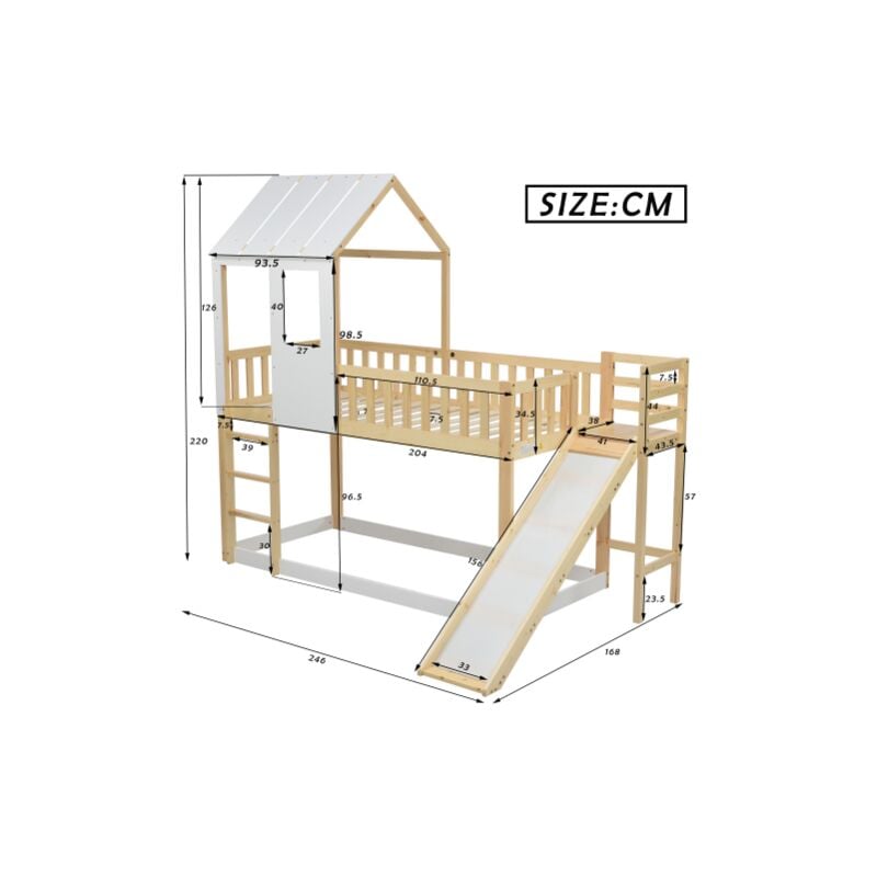 Lit superposé avec échelle à angle droit et toboggan,90x200cm lit de maison avec toit et fenêtre, lit d'enfant avec protection contre les chutes et