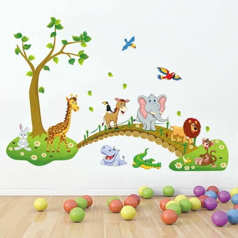 Sticker mural jungle animaux, branche tigre baobab et oiseaux