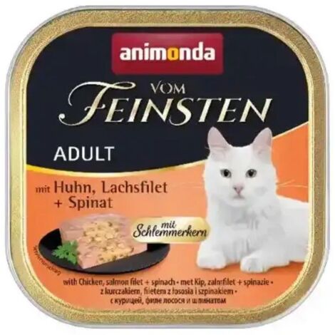 Animonda Cat  Vom Feinsten Adult - per buongustai  Cibo umido per gatti adulti - Vaschetta da 100 g - Pollo, filetto di salmone e spinaci 100 g