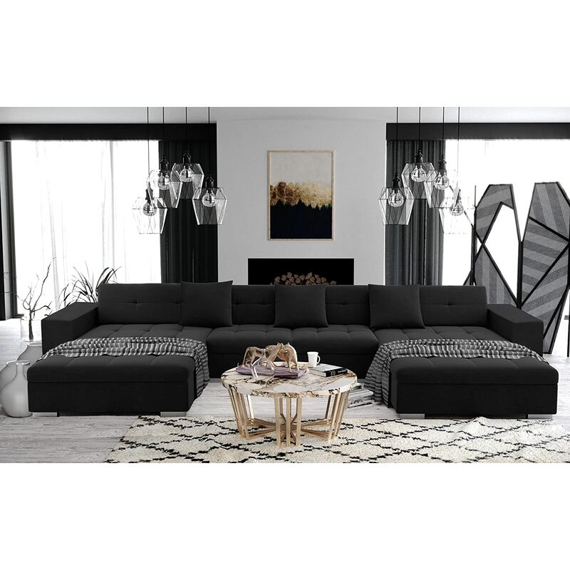 Canapé d'angle Noir Tissu Moderne Panoramique Promotion