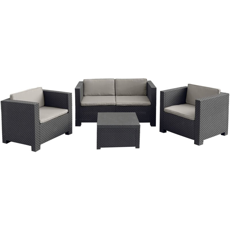 

Ankara 4 con baúl: Conjunto de jardín de 4 plazas con efecto de resina inyectada gris antracita + baúl - Gris