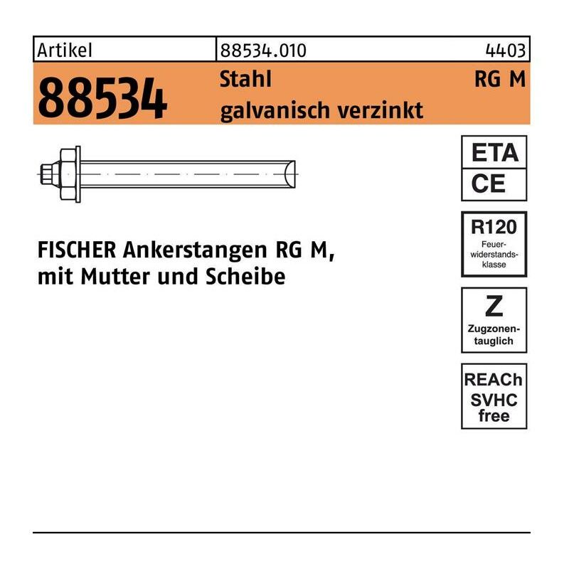Ankerstange R 88534 m.Mutter/Scheibe RG M 16 x 300 Stahl galvanisch verzinkt Stahl - Fischer