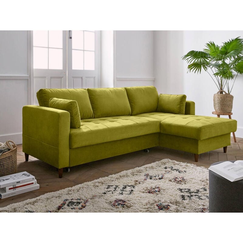 Lisa Design - Anna - canapé d'angle droit - 4 places - convertible avec coffre - en velours - vert olive