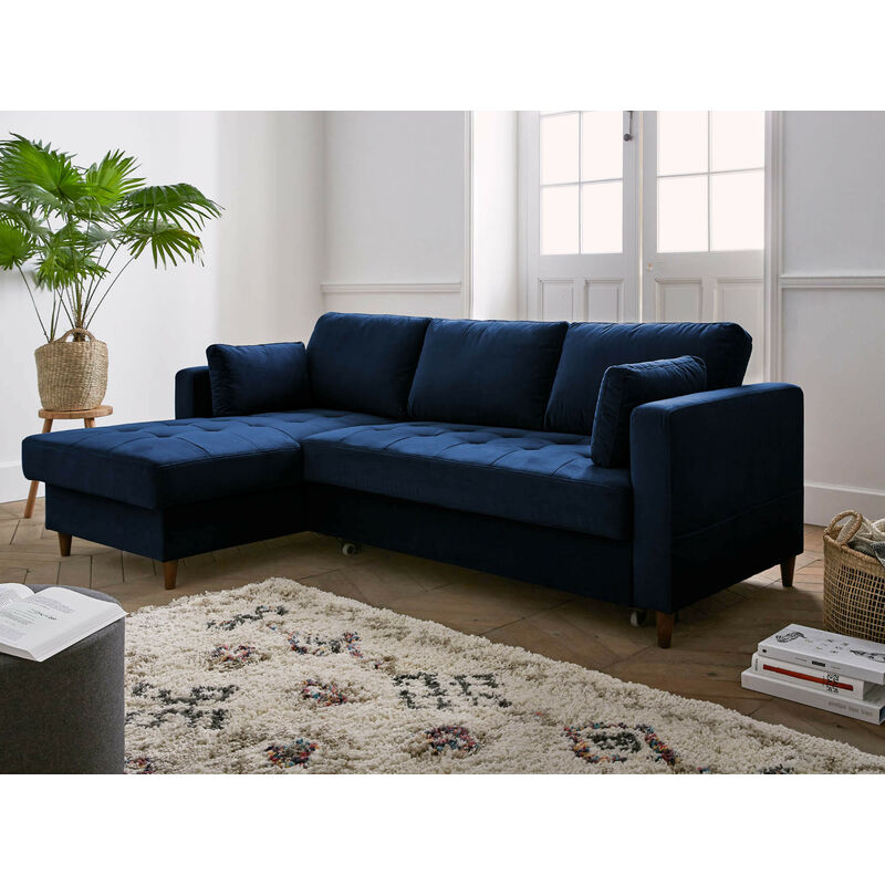 LISA DESIGN Canap&eacute; d'angle gauche convertible 4 places Velours Bleu nuit