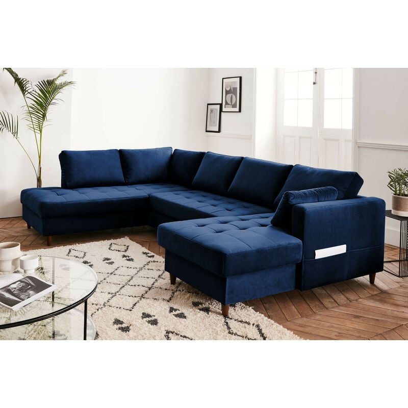 Lisa Design - Anna - canapé panoramique d'angle gauche - 7 places - convertible avec coffre - en velours - bleu nuit